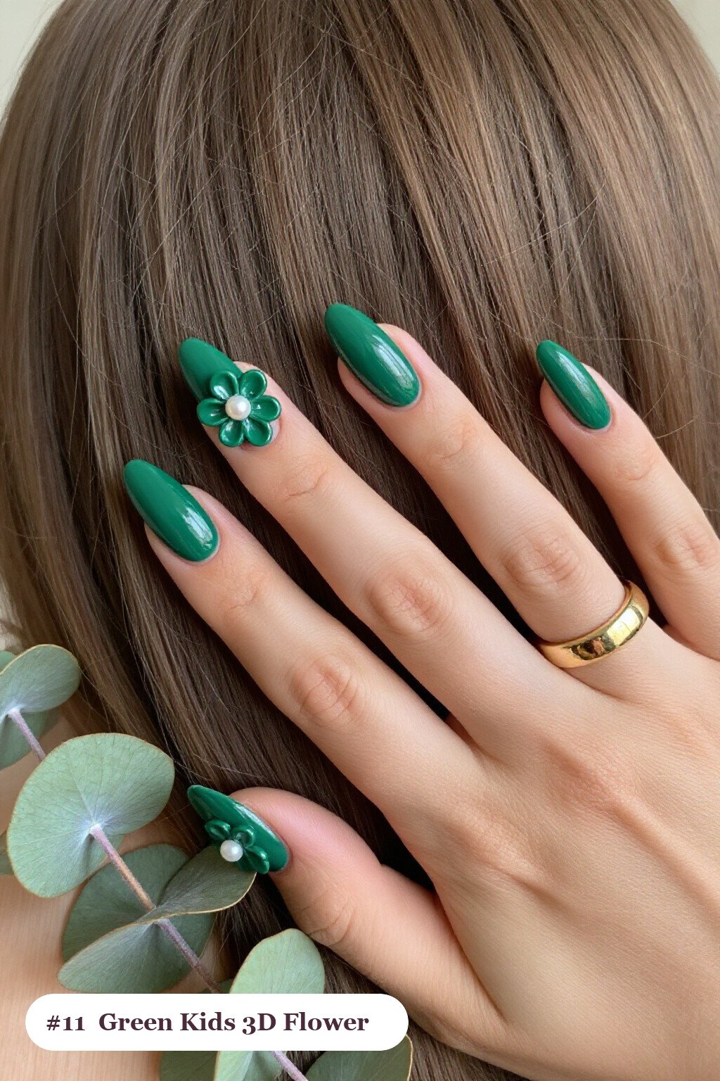 Long Almond Emerald Green Kids Nails Adorned with Raised 3D Flowers and Pearl Centers - christmas nails for kids