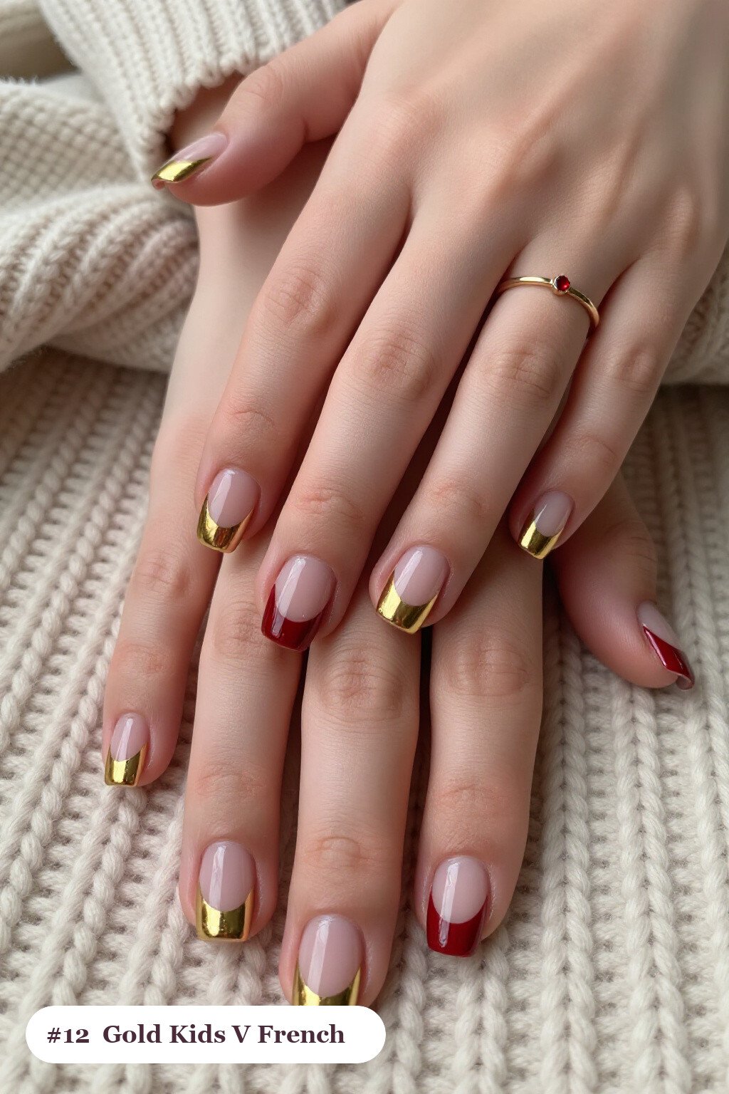 Short Square Gold Kids Nails with Deep V‑Shaped French Tips: On Short Nails - christmas nails for kids