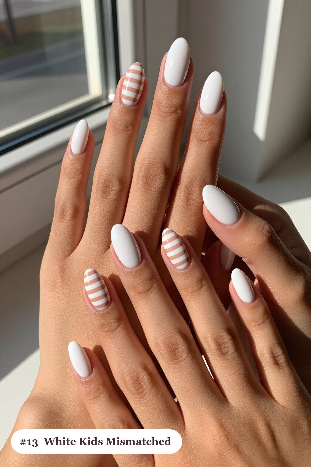Medium Almond Snow White Kids Nails in a Mismatched Set Sharing a Unified Color Story - christmas nails for kids