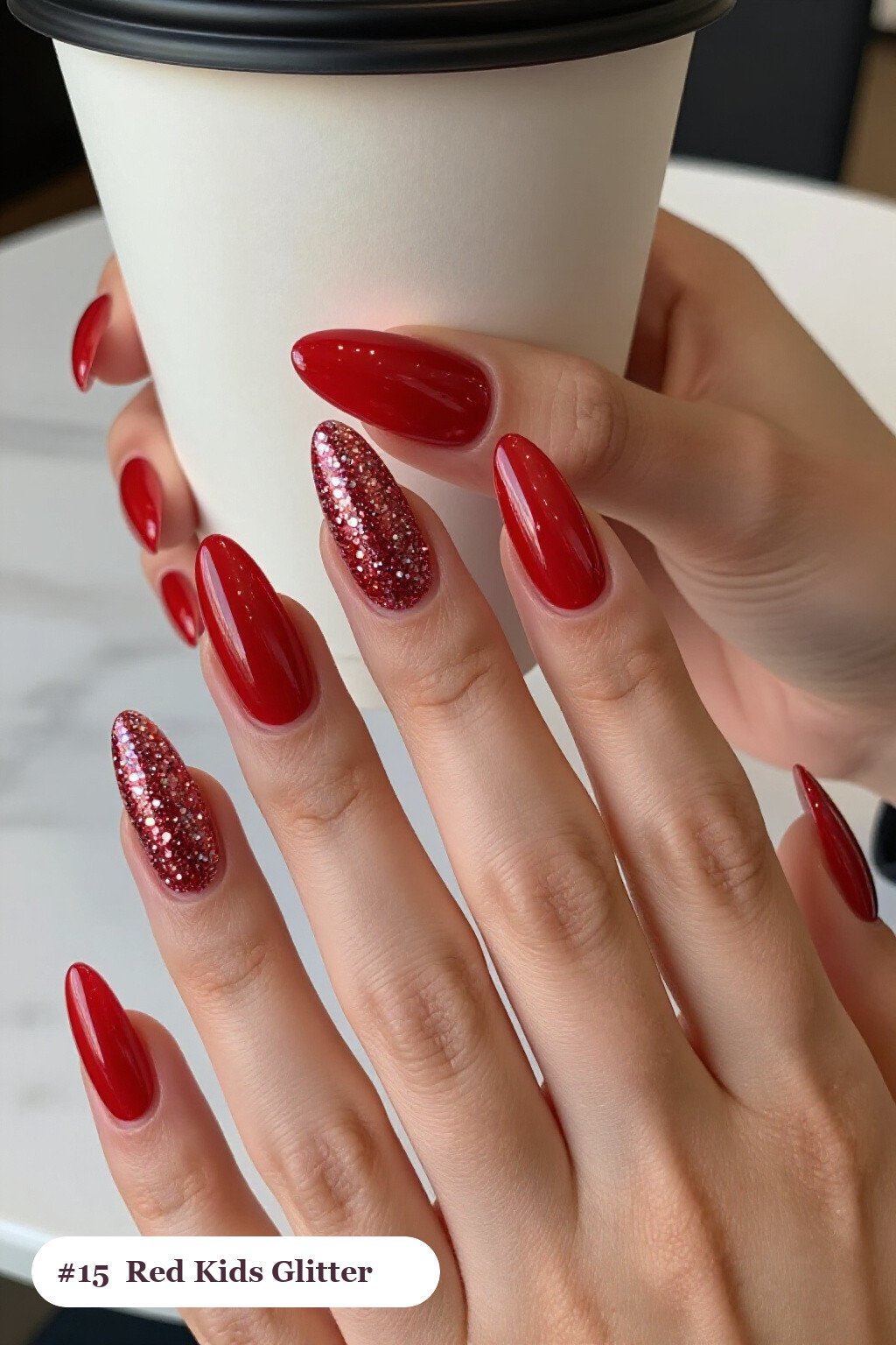 Long Coffin Cherry Red Kids Nails with a Sparkling Glitter Gradient Rising from the Cuticle - christmas nails for kids