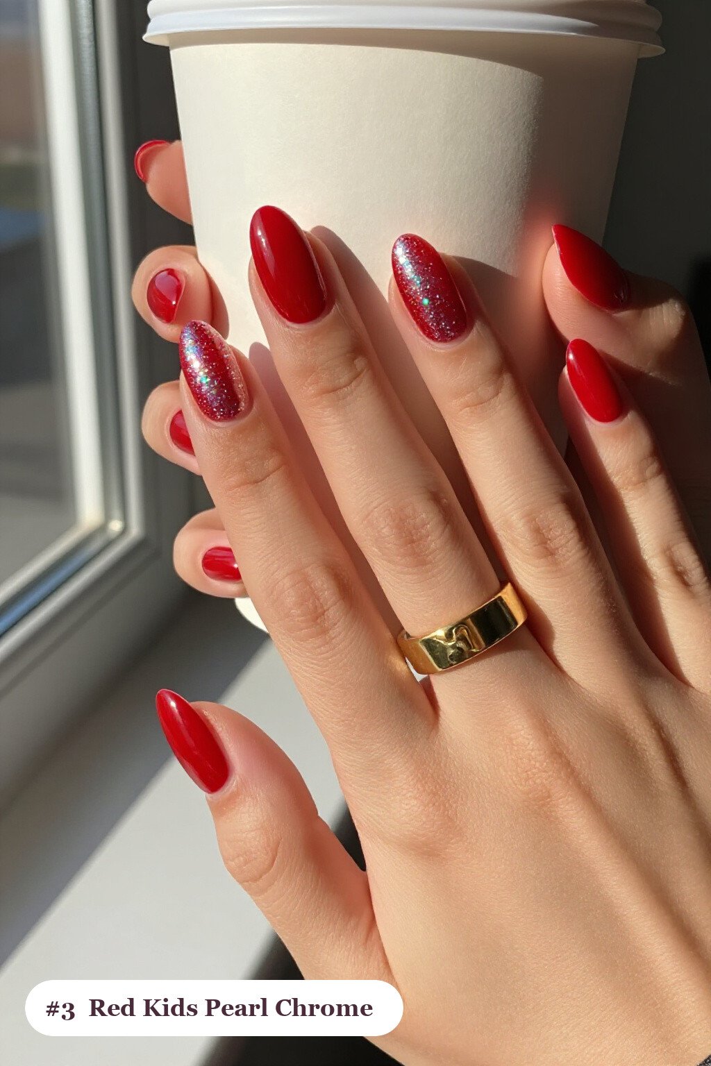 Medium Almond Cherry Red Christmas Nails for Kids with Glazed Pearl Chrome Sheen - christmas nails for kids
