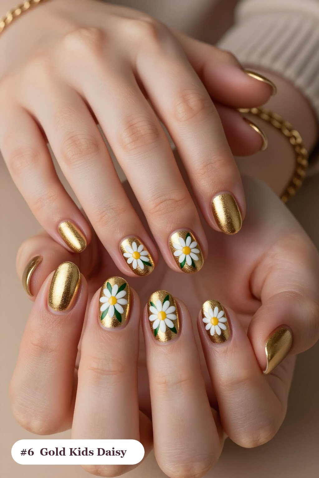 Medium Oval Gold Kids Nails Hand‑Painted with Daisies and Green Leaves - christmas nails for kids