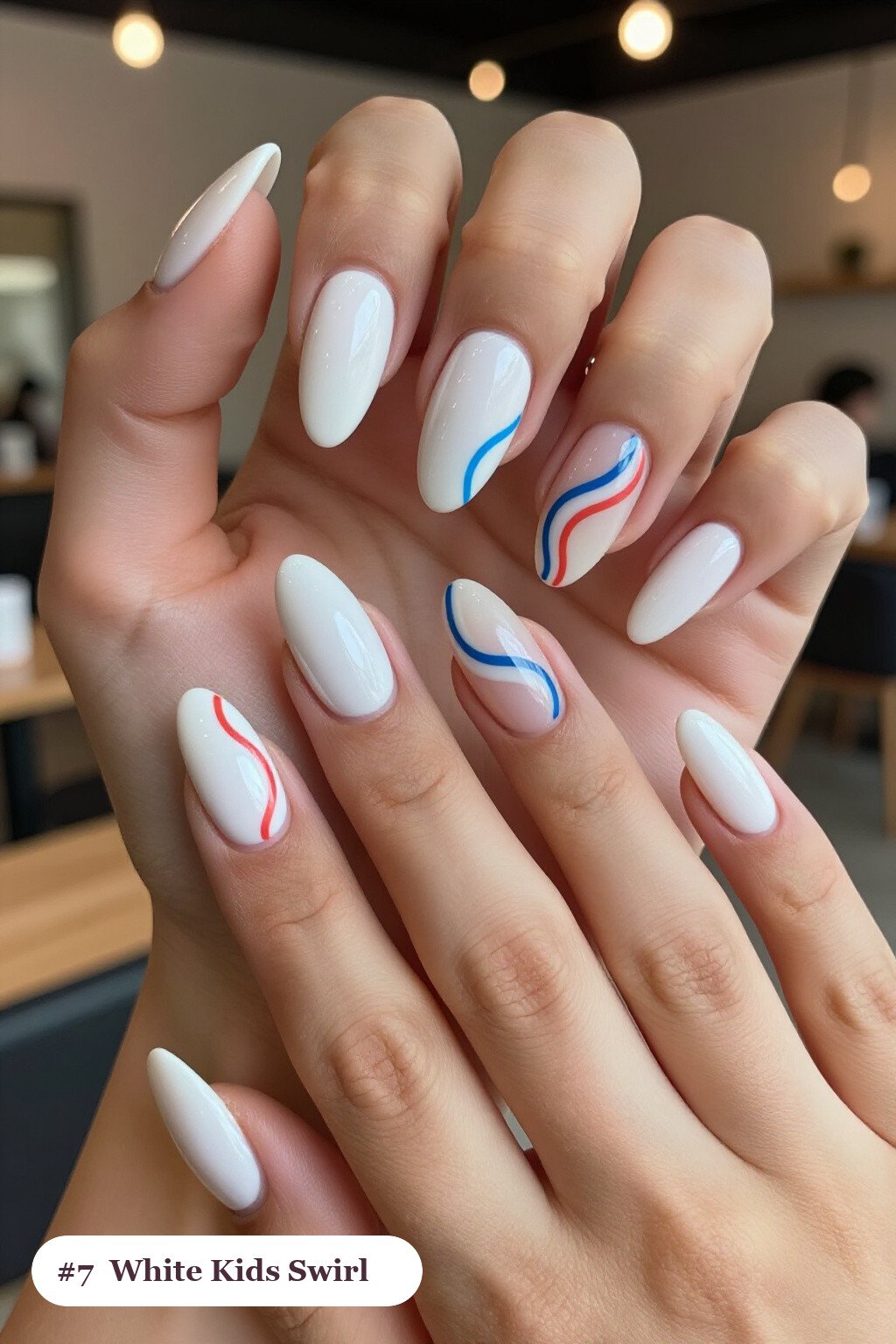Long Ballerina Snow White Kids Nails Showcasing Bold Hand‑Painted Swirl Lines - christmas nails for kids