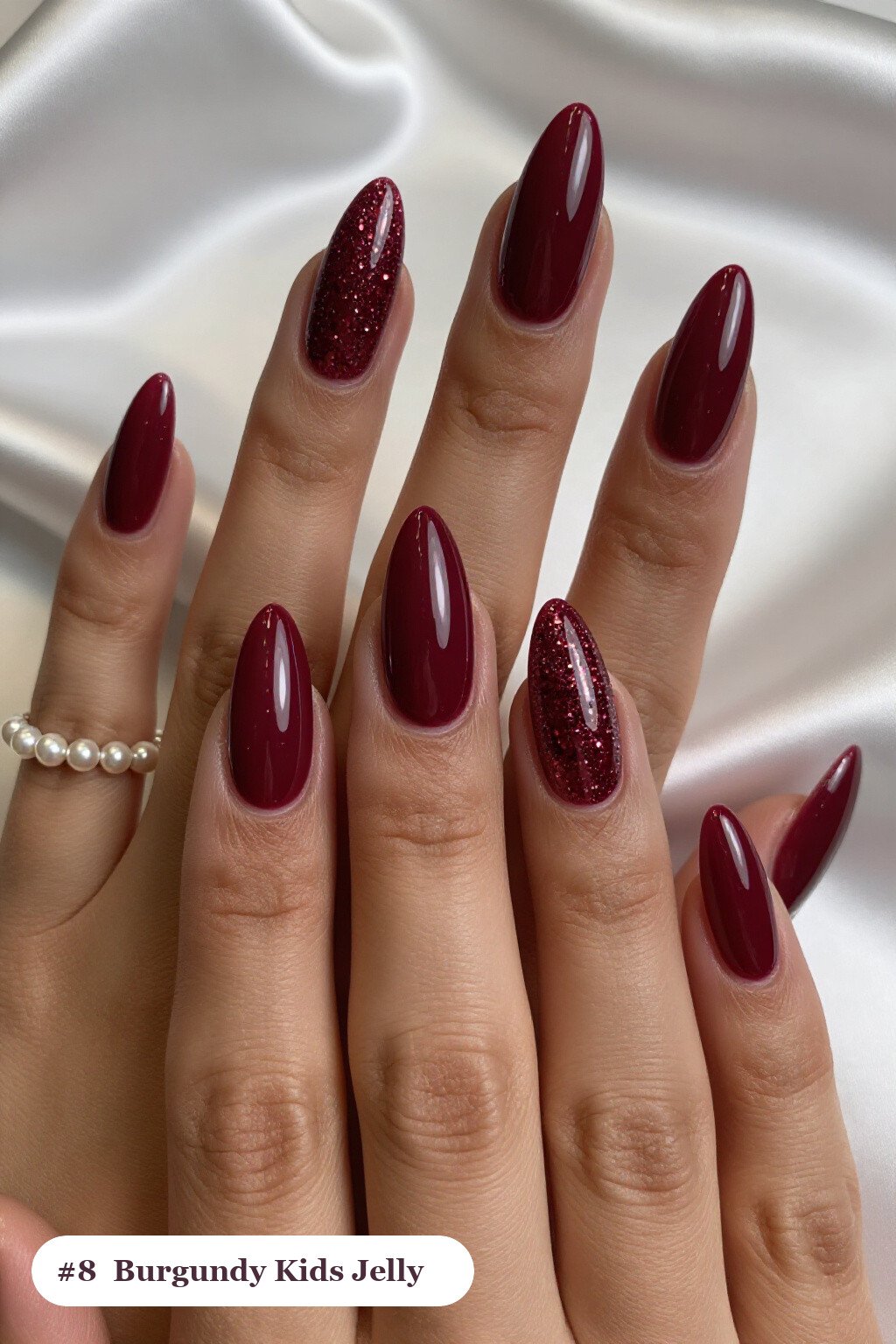 Long Stiletto Burgundy Kids Nails in See‑Through Jelly Finish with Encapsulated Glitter - christmas nails for kids