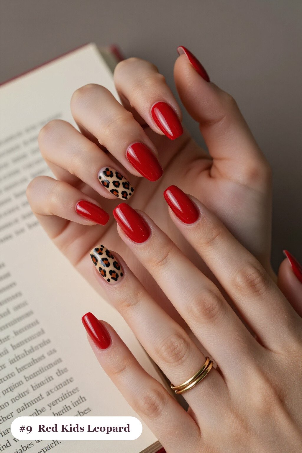 Long Square Cherry Red Kids Nails Featuring Leopard Print Accent Nails - christmas nails for kids