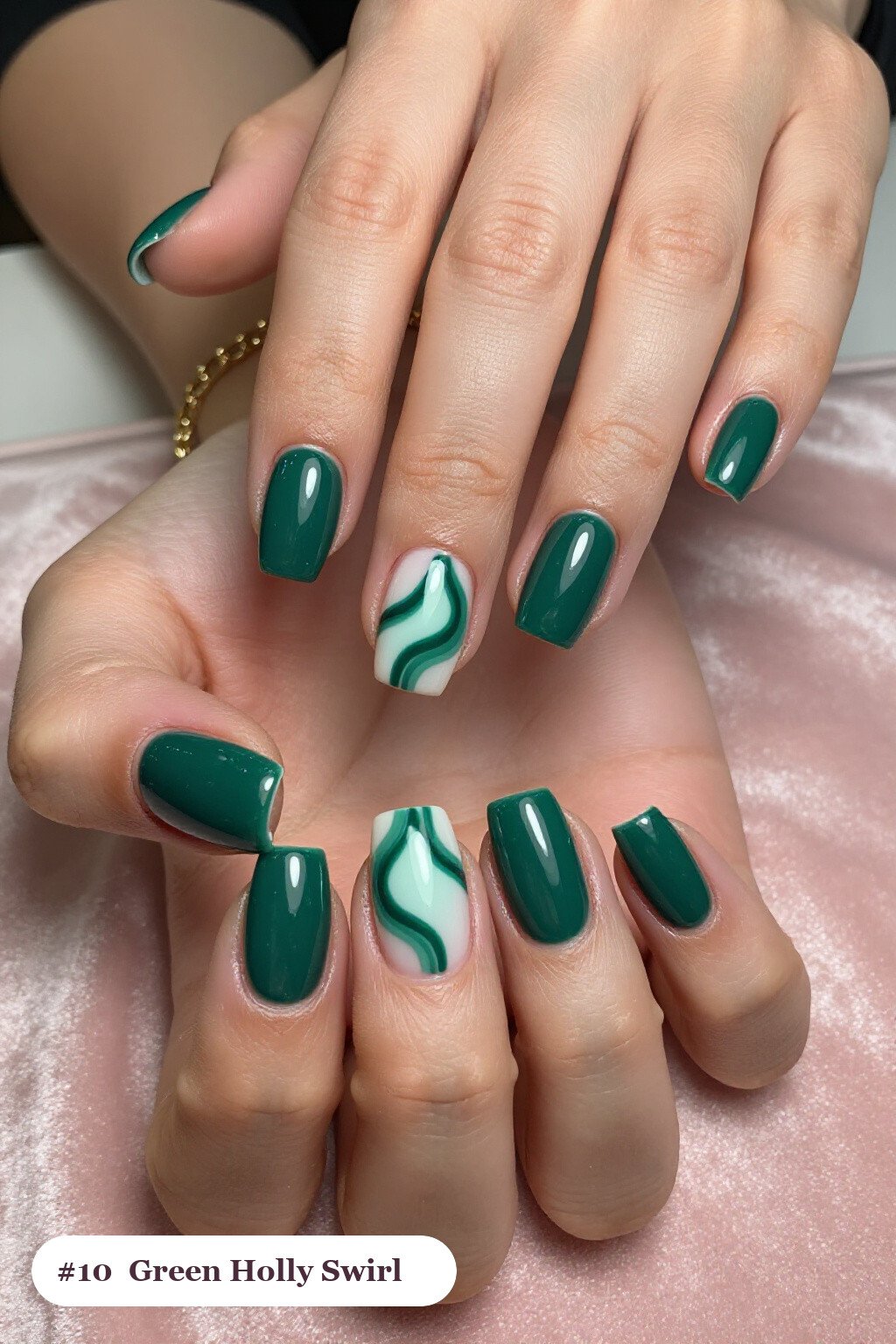 Emerald Green Short Square Nails with Hand‑Painted Swirl Lines: On Short Nails - christmas nails holly