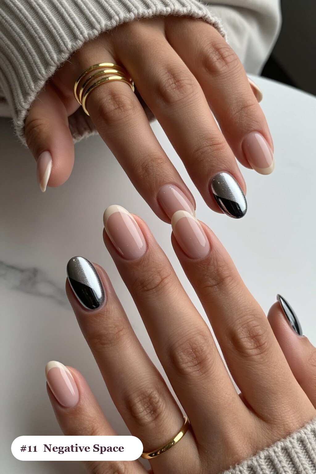 Silver Oval Nails in Negative‑Space with Nude Windows and Bold Color Shapes - christmas nails holly