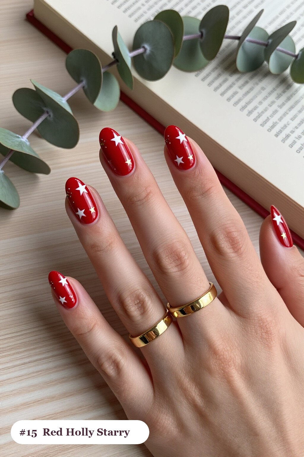 Cherry Red Coffin Nails with White & Gold Stars: How to Make It Last Longer - christmas nails holly