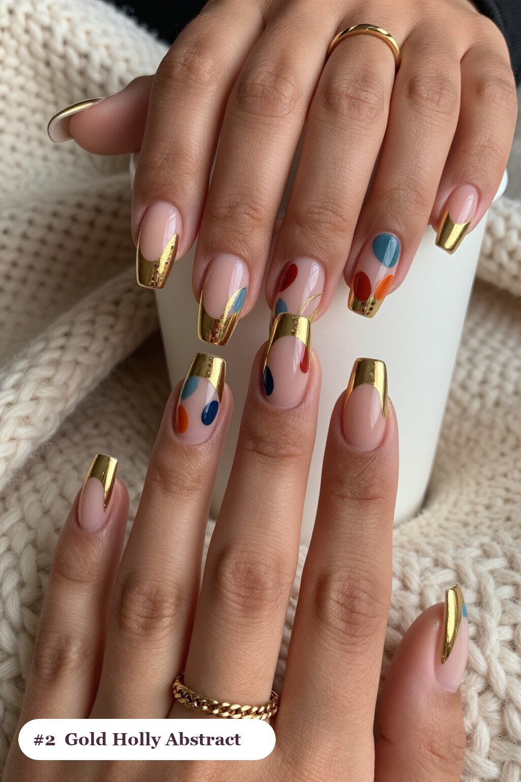 Gold Square Nails with Abstract Color Blobs and Dotted Outlines for Holiday Glam - christmas nails holly