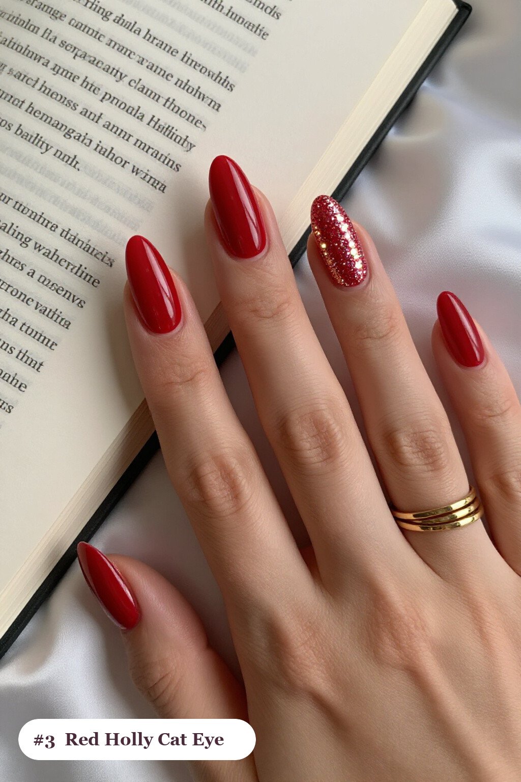 Cherry Red Almond Nails with Shimmer Gemstone Band – Christmas Nails Holly Sparkle - christmas nails holly