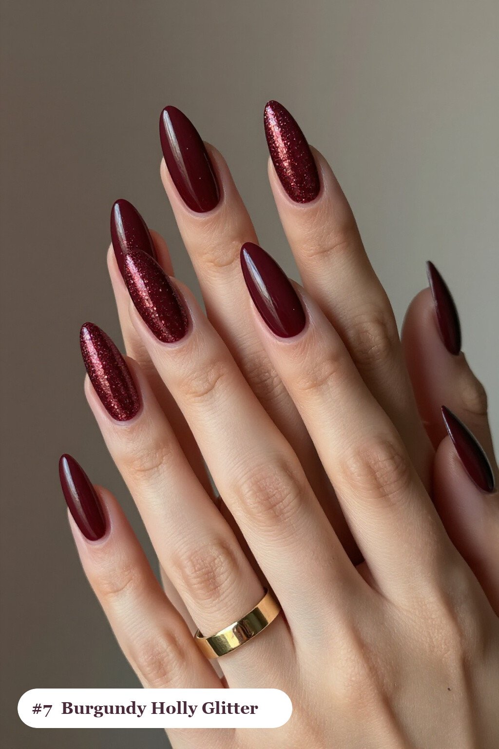 Burgundy Coffin Nails with Glitter Gradient Rising from Cuticle – Christmas Glam - christmas nails holly
