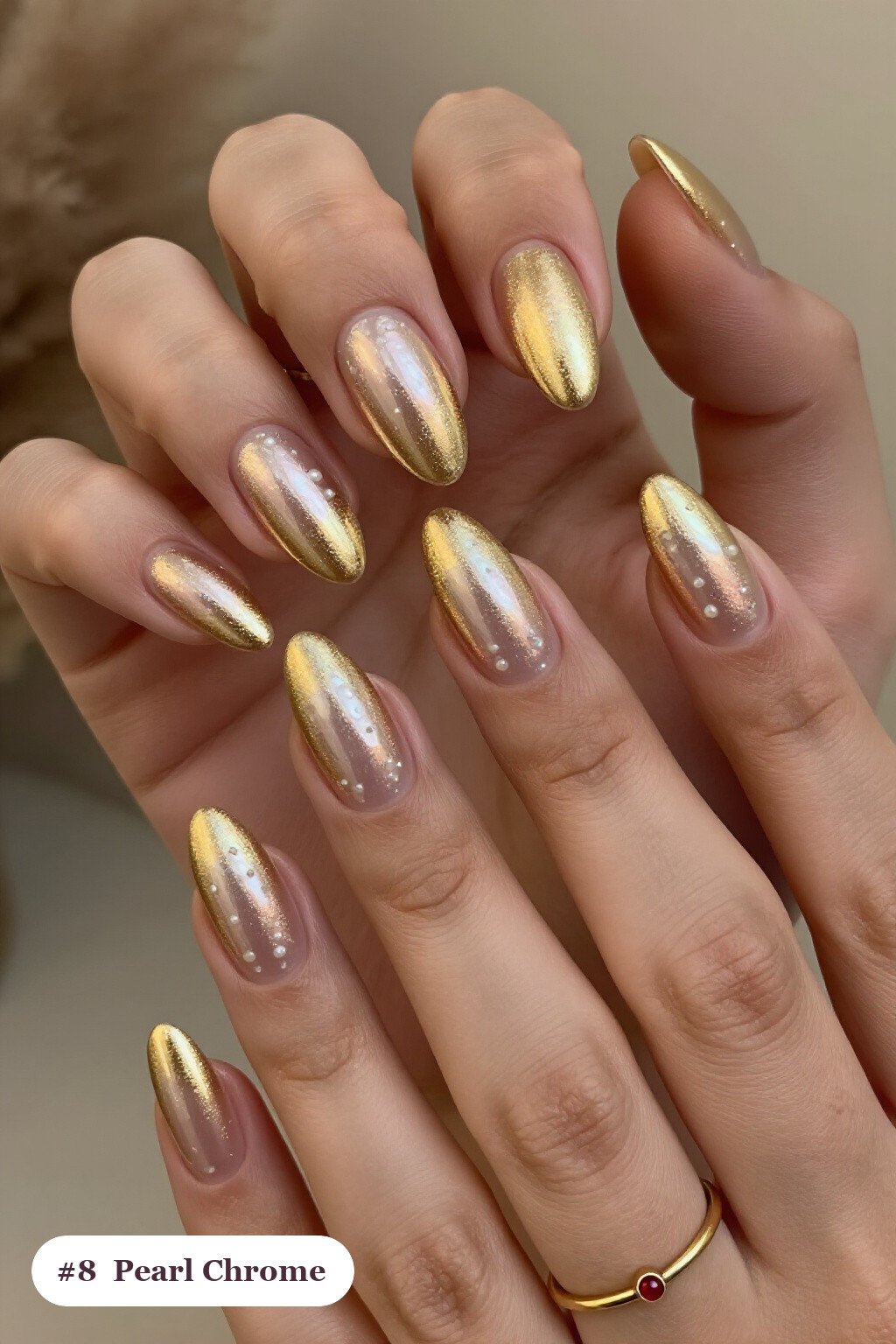 Gold Almond Nails Glazed with Pearl Chrome Iridescence – Christmas Nails Holly Luxury - christmas nails holly