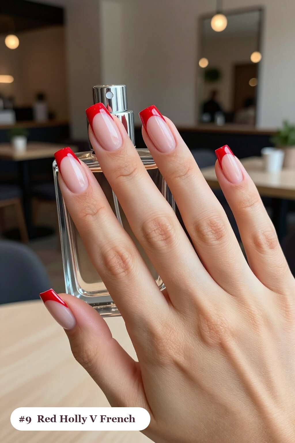 Cherry Red Square Nails with Deep V‑French Tips in Contrasting Hue - christmas nails holly