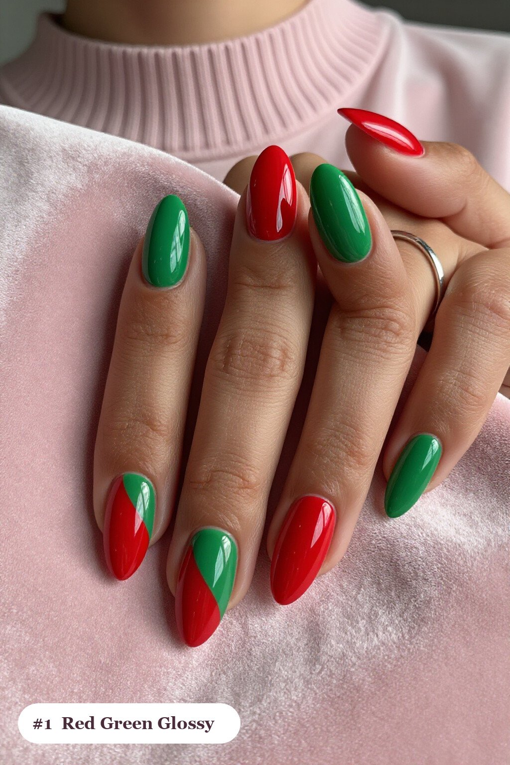 Long almond red green nails in a flawless mirror-glossy full-colour finish, perfect for christmas - christmas nails red and green