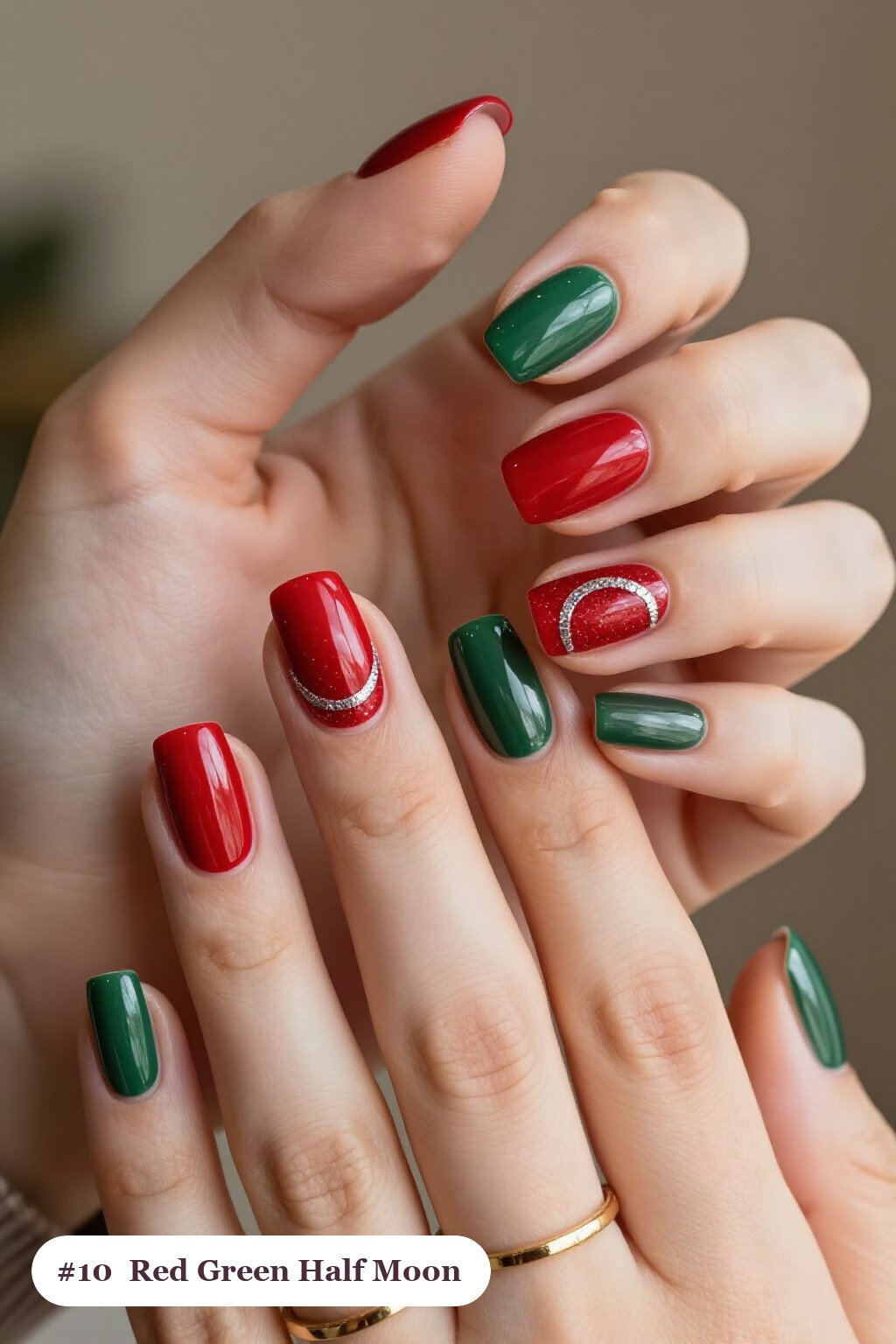 Medium square red green nails in a half-moon design with a glitter crescent at the cuticle, with silver chrome details, perfect for christmas - christmas nails red and green