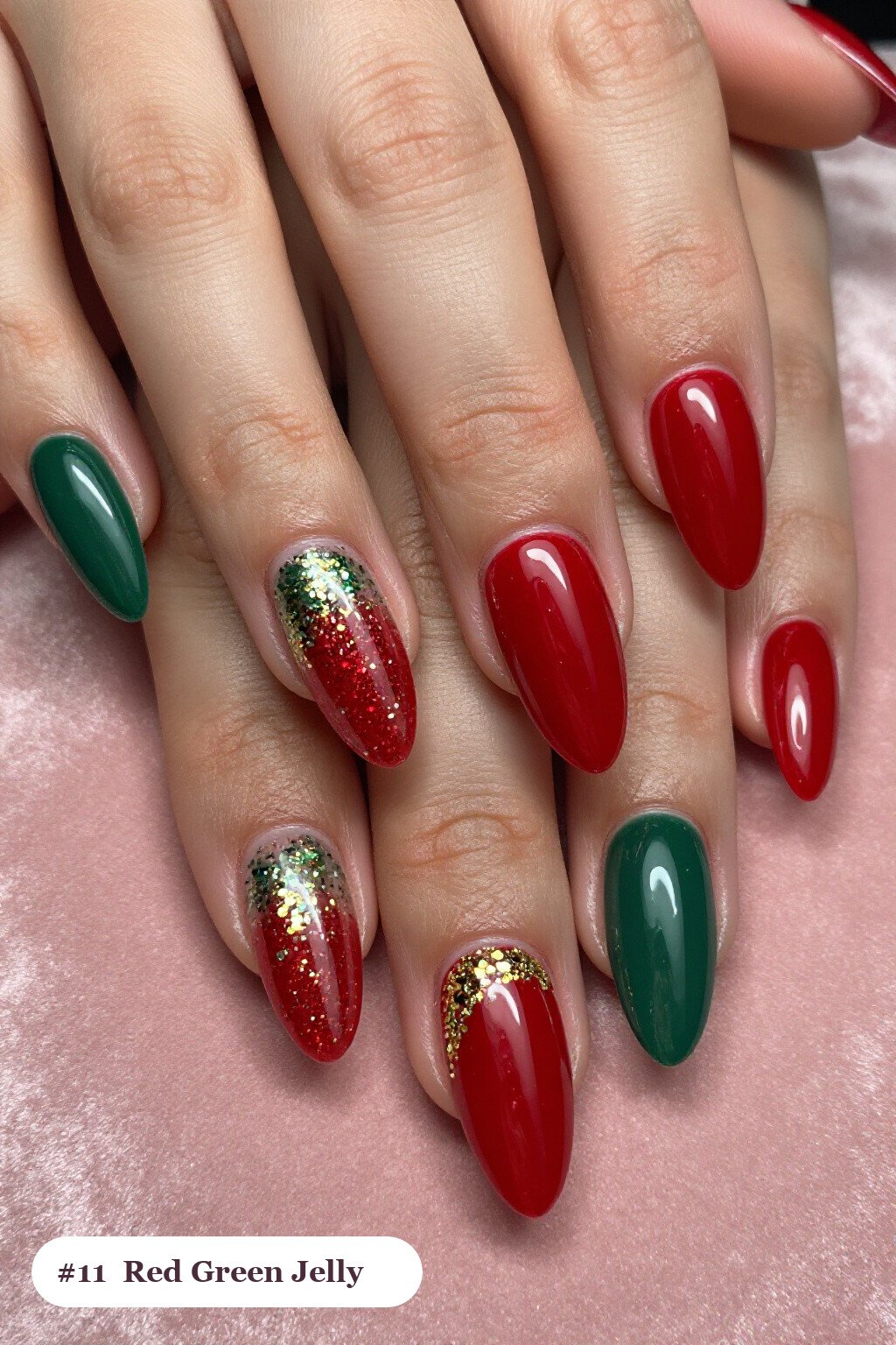 Long almond red green nails in a see-through jelly finish with encapsulated glitter, with gold details, perfect for christmas - christmas nails red and green