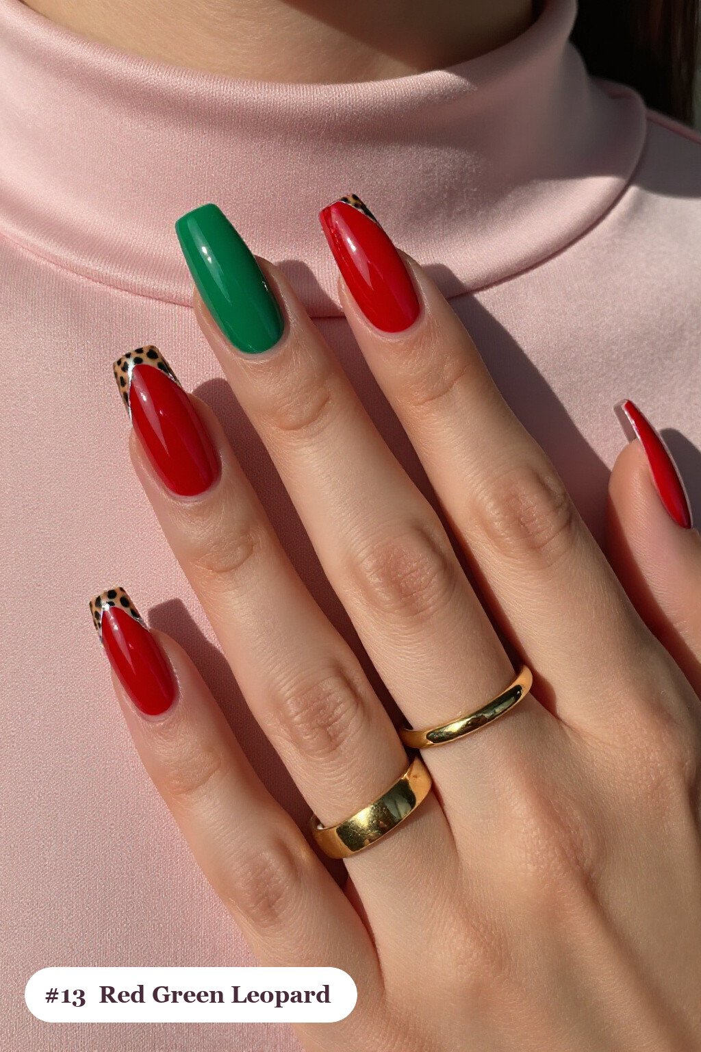 Long square red green nails with a leopard print pattern on two accent nails and solid colour on the rest, with silver details, perfect for christmas - christmas nails red and green