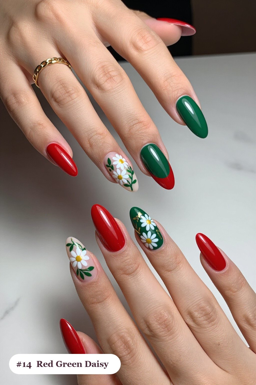 Long ballerina red green nails with hand-painted daisies and green leaves across every nail, with champagne details, perfect for christmas - christmas nails red and green