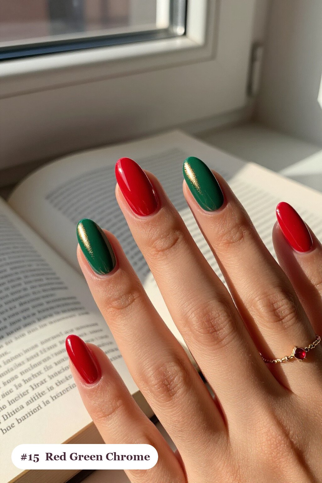 Medium almond red green nails with a liquid chrome mirror finish and bright metallic highlights, with rose gold details, perfect for christmas - christmas nails red and green
