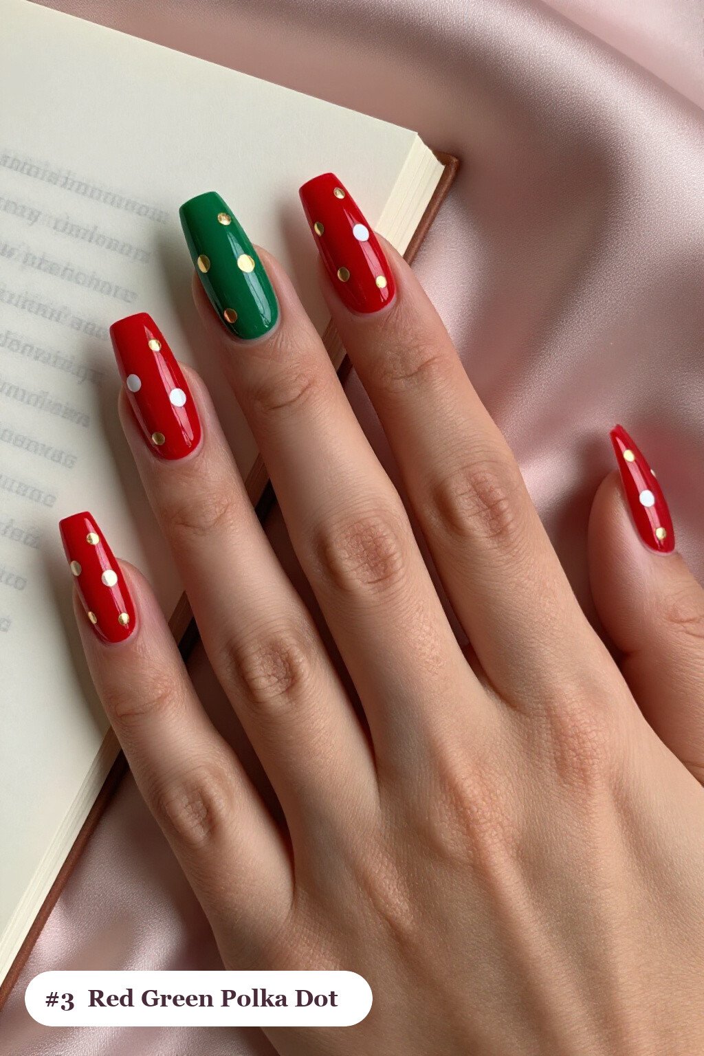Long square red green nails with playful polka dots in two colours on alternating nails, with gold details, perfect for christmas - christmas nails red and green