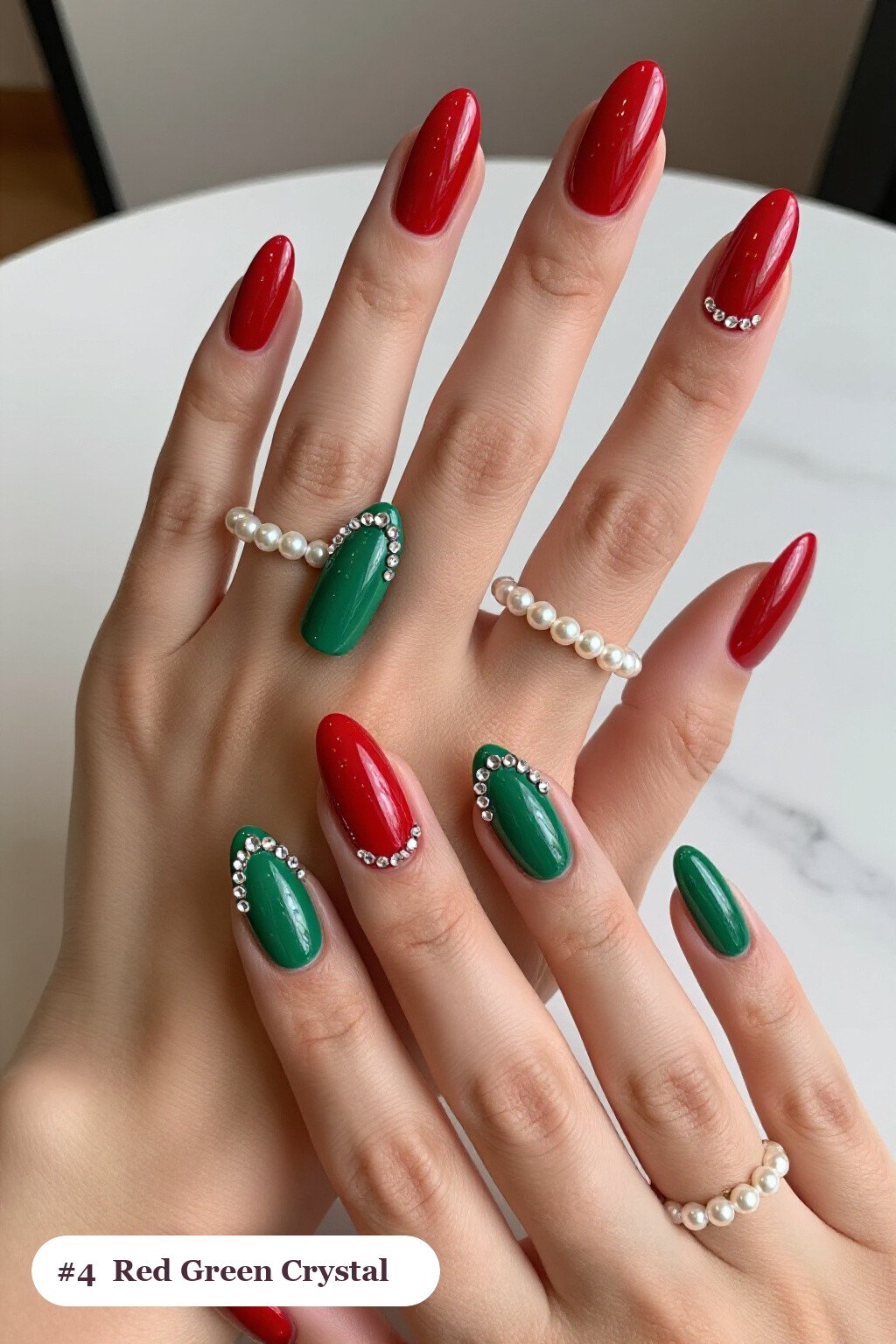 Long ballerina red green nails with rows of sparkling crystal rhinestones along the cuticle of every nail, with pearl details, perfect for christmas - christmas nails red and green