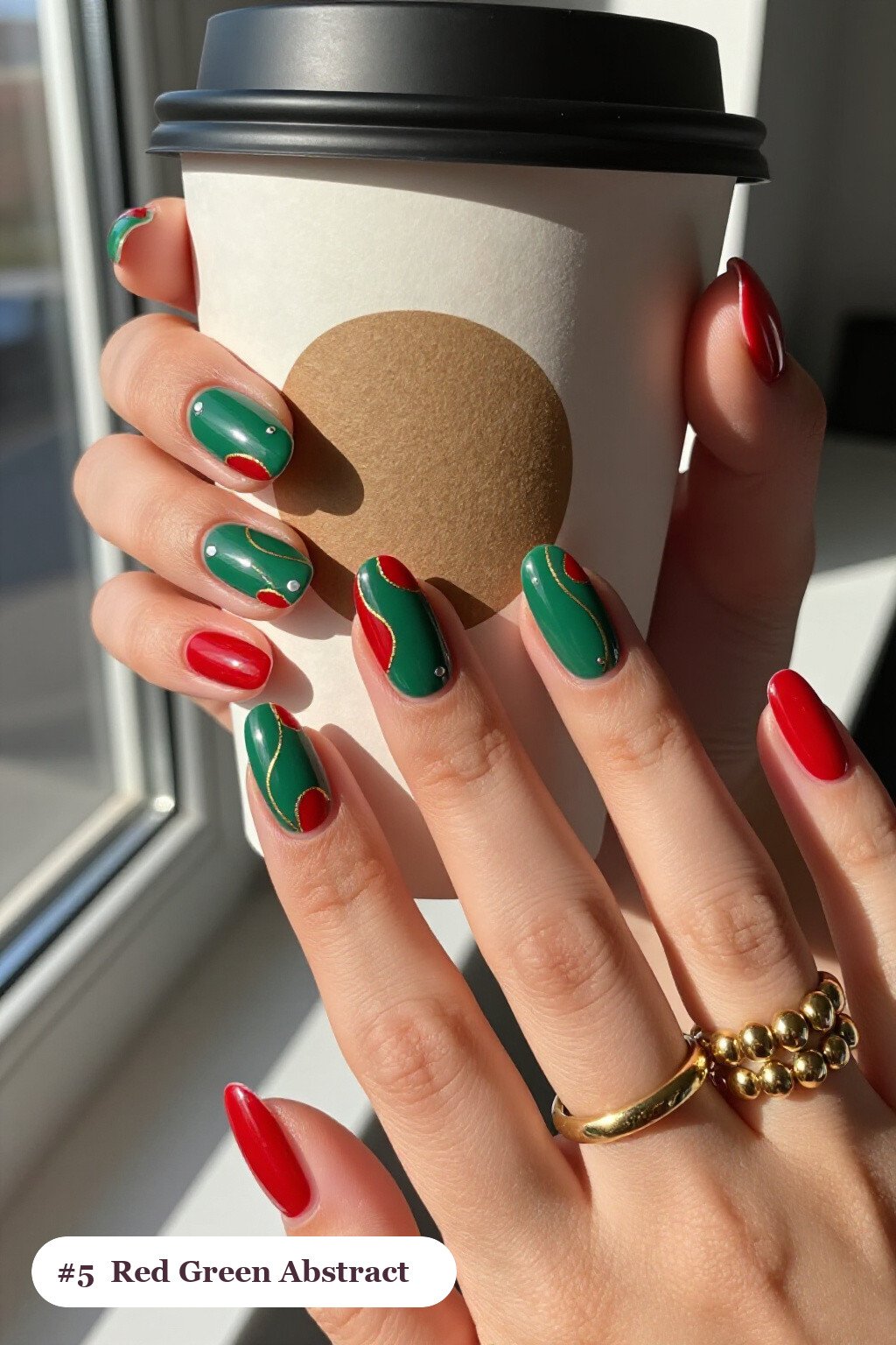 Medium almond red green nails with abstract art of colour blobs, gold outlines and dots, with silver details, perfect for christmas - christmas nails red and green