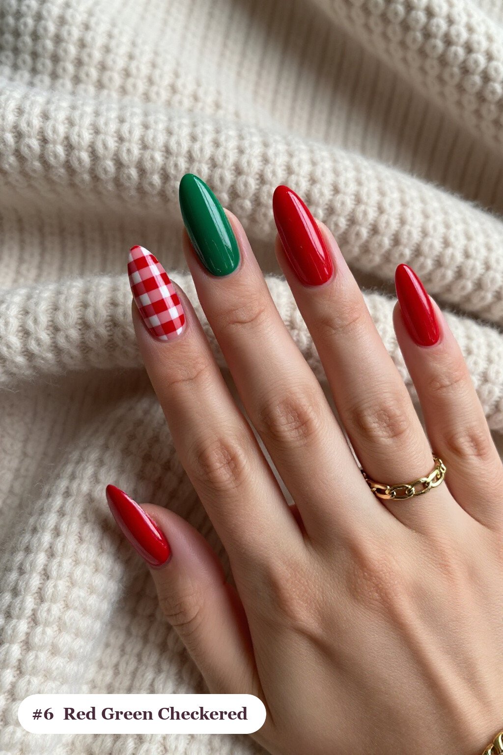 Long coffin red green nails with a bold checkerboard pattern on two accent nails and solid colour on the rest, with champagne details, perfect for christmas - christmas nails red and green
