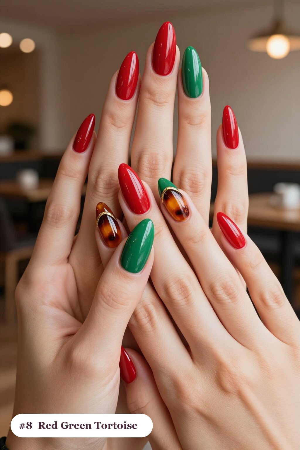 Long stiletto red green nails with glossy amber tortoiseshell on two accent nails, with gold details, perfect for christmas - christmas nails red and green