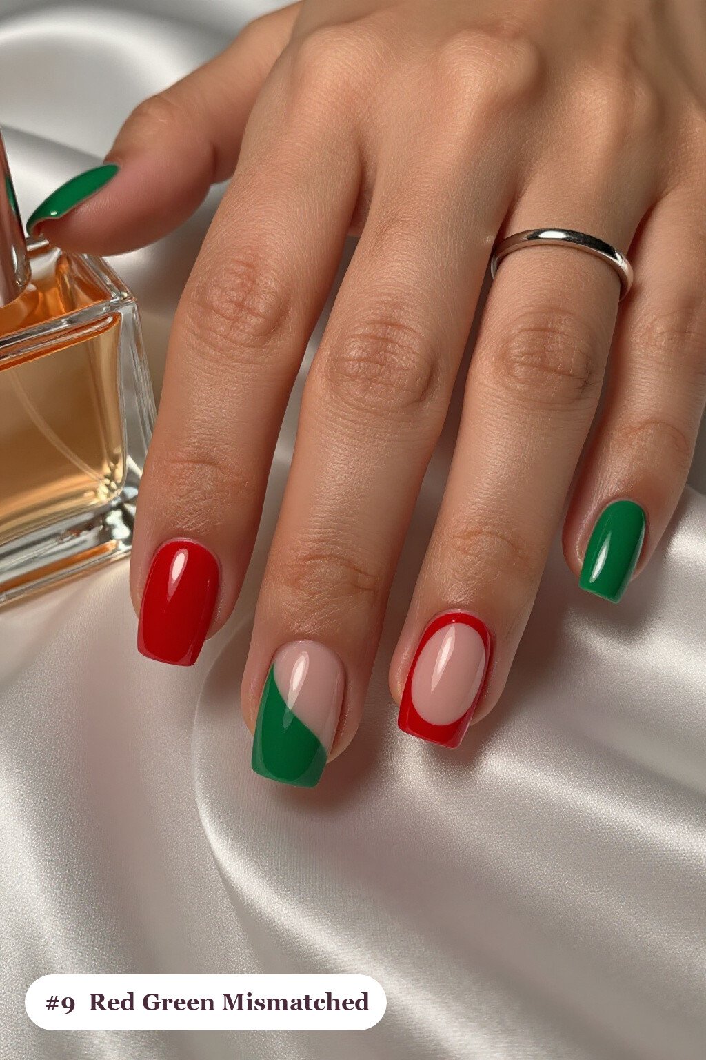 Short square red green nails as a mismatched set where every nail has a different pattern in the same colour story, with soft nude details, perfect for christmas - christmas nails red and green