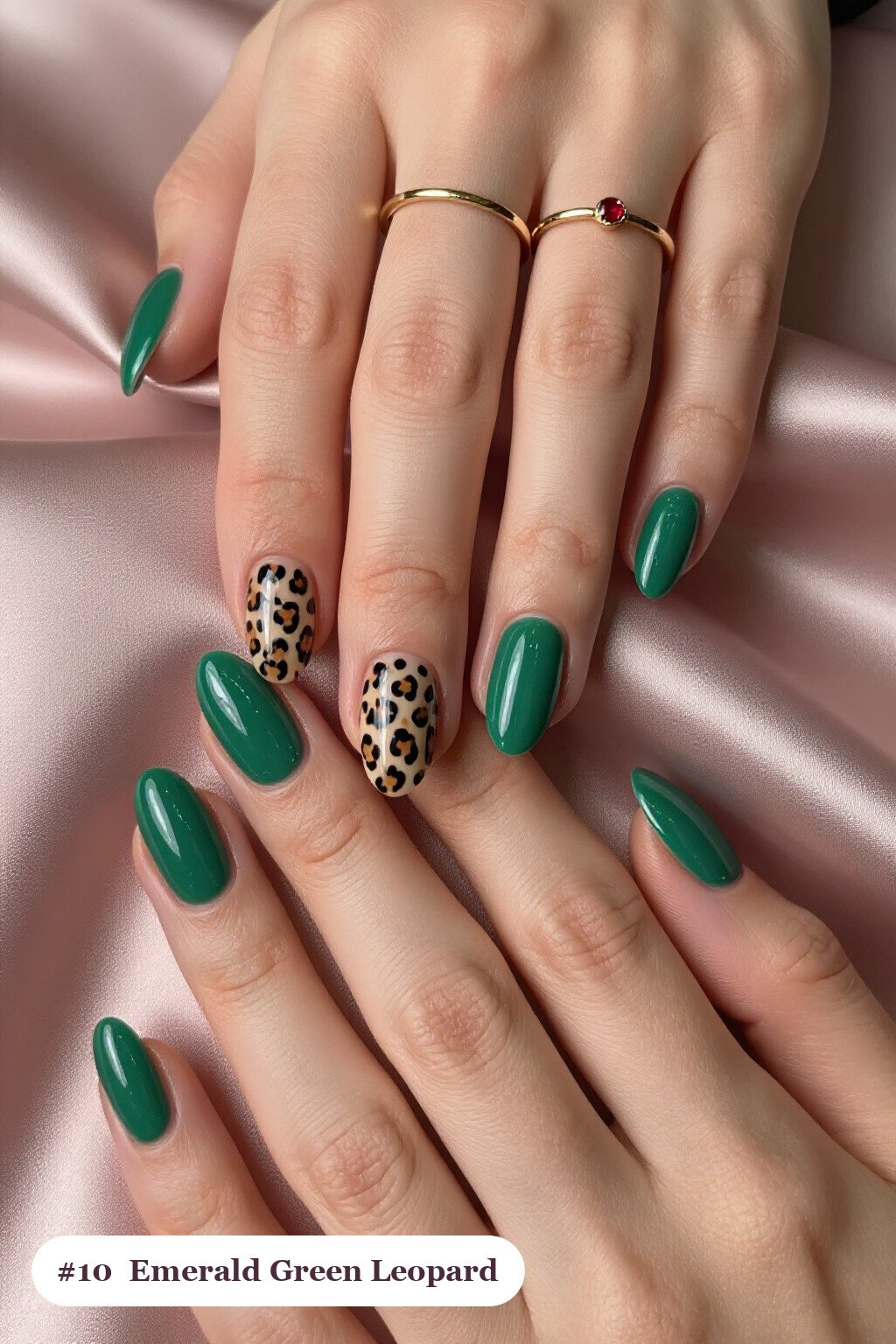 Emerald Green Almond Nails with Leopard Print Accent and Solid Base - christmas nails short