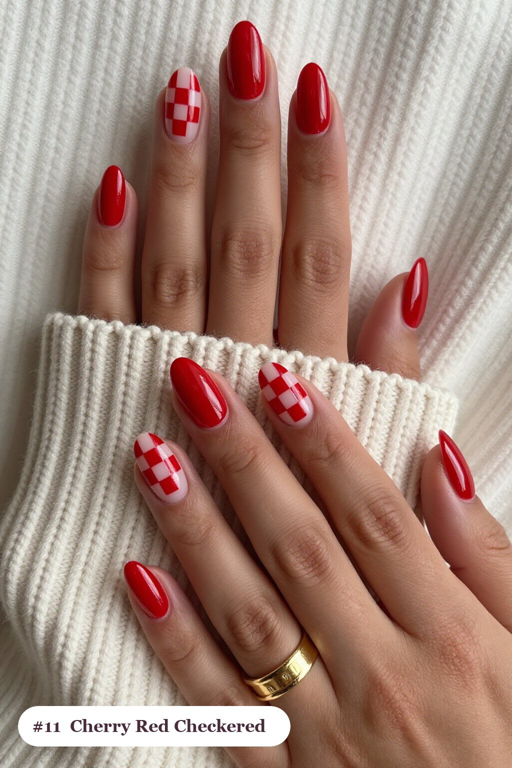 Cherry Red Almond Nails with Bold Checkerboard Accent and Solid Base - christmas nails short