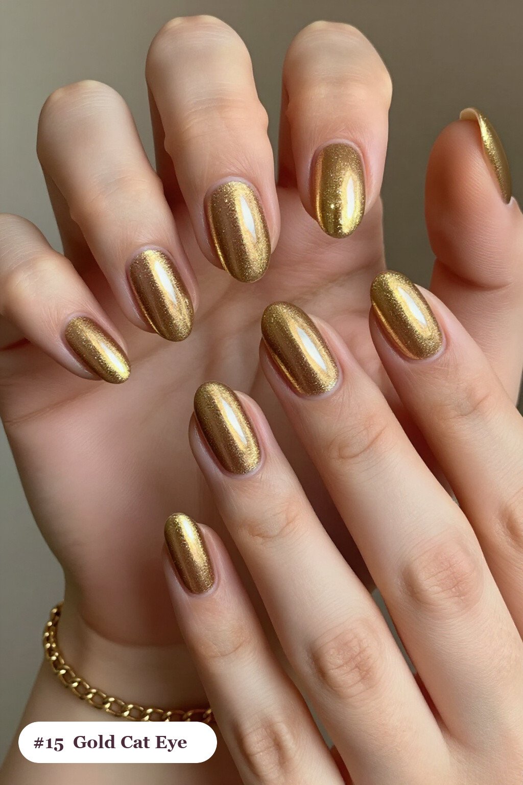 Gold Almond Nails with Central Shimmer Band Like a Gemstone: On Short Nails - christmas nails short