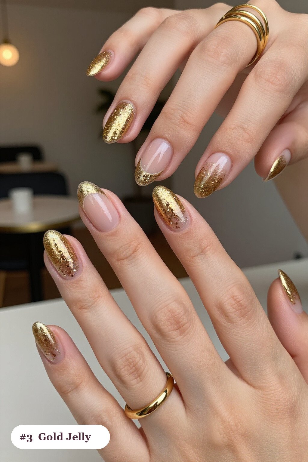 Christmas Nails Short: See‑Through Jelly Gold Almonds with Glitter - christmas nails short