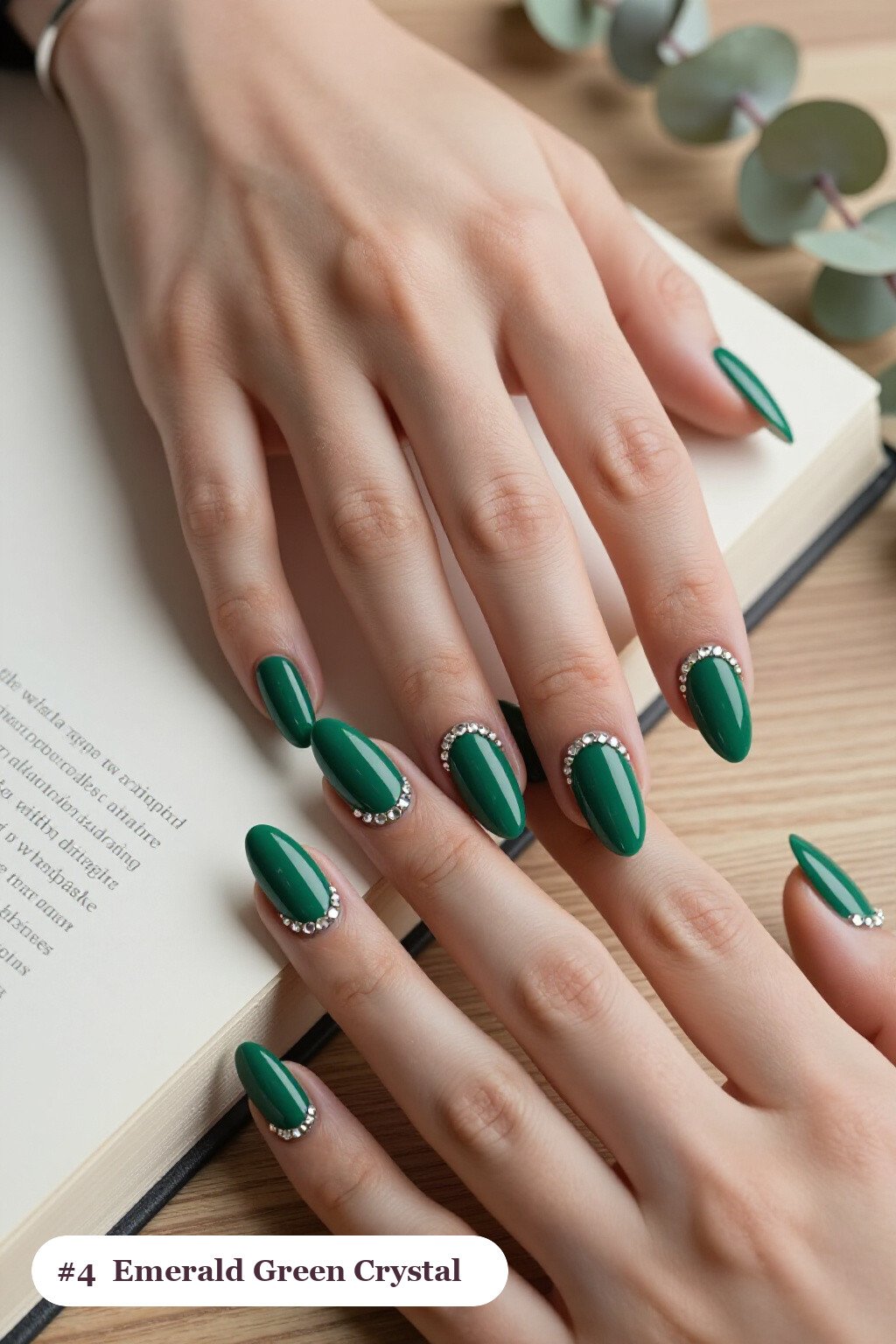 Emerald Green Almond Nails Decorated with Crystal Rhinestone Rows - christmas nails short