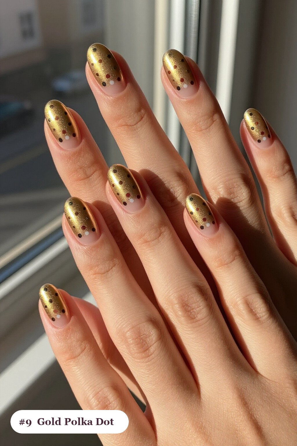 Gold Almond Nails with Playful Polka Dots on Alternating Nails - christmas nails short