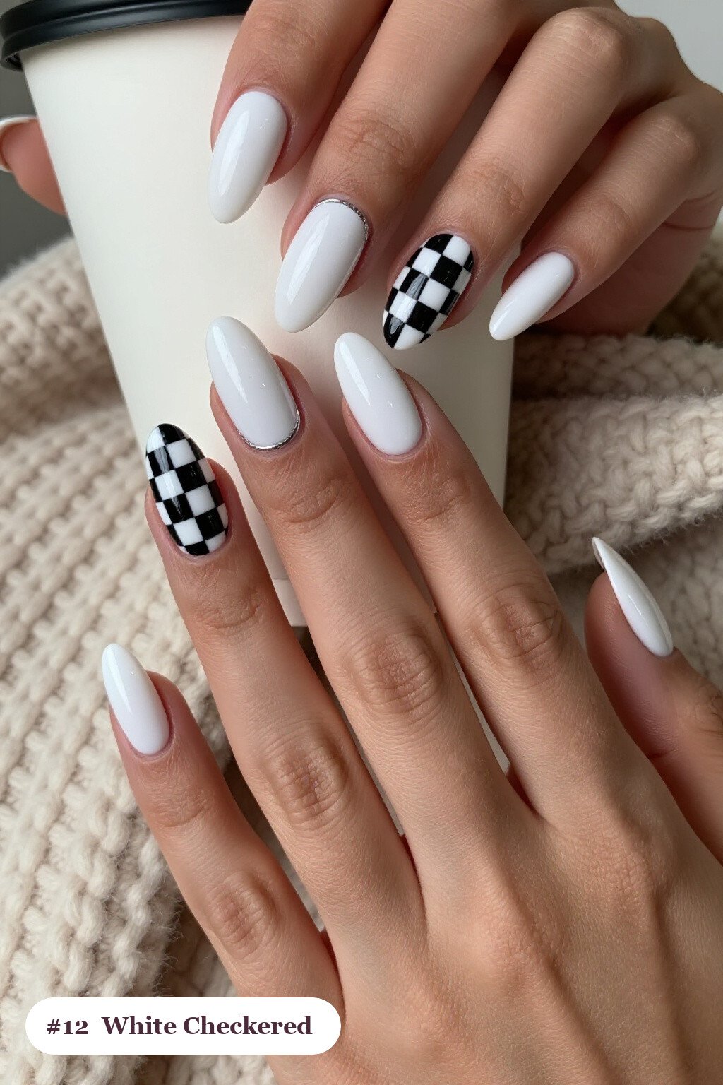 Checkerboard Accent Coffin Nails with Silver Details - christmas nails white