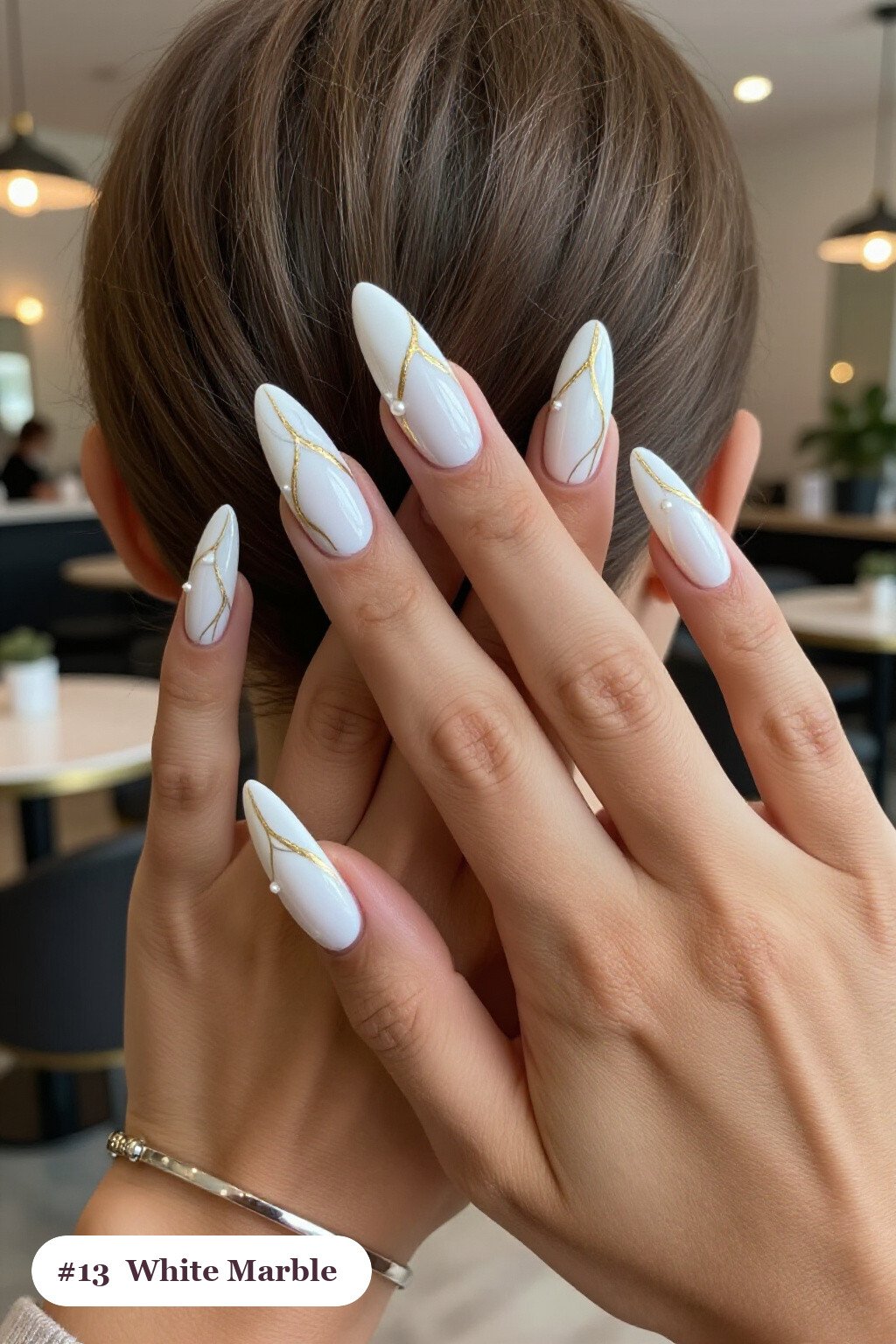Marble Vein Ballerina Nails in White & Gold with Pearl Details - christmas nails white