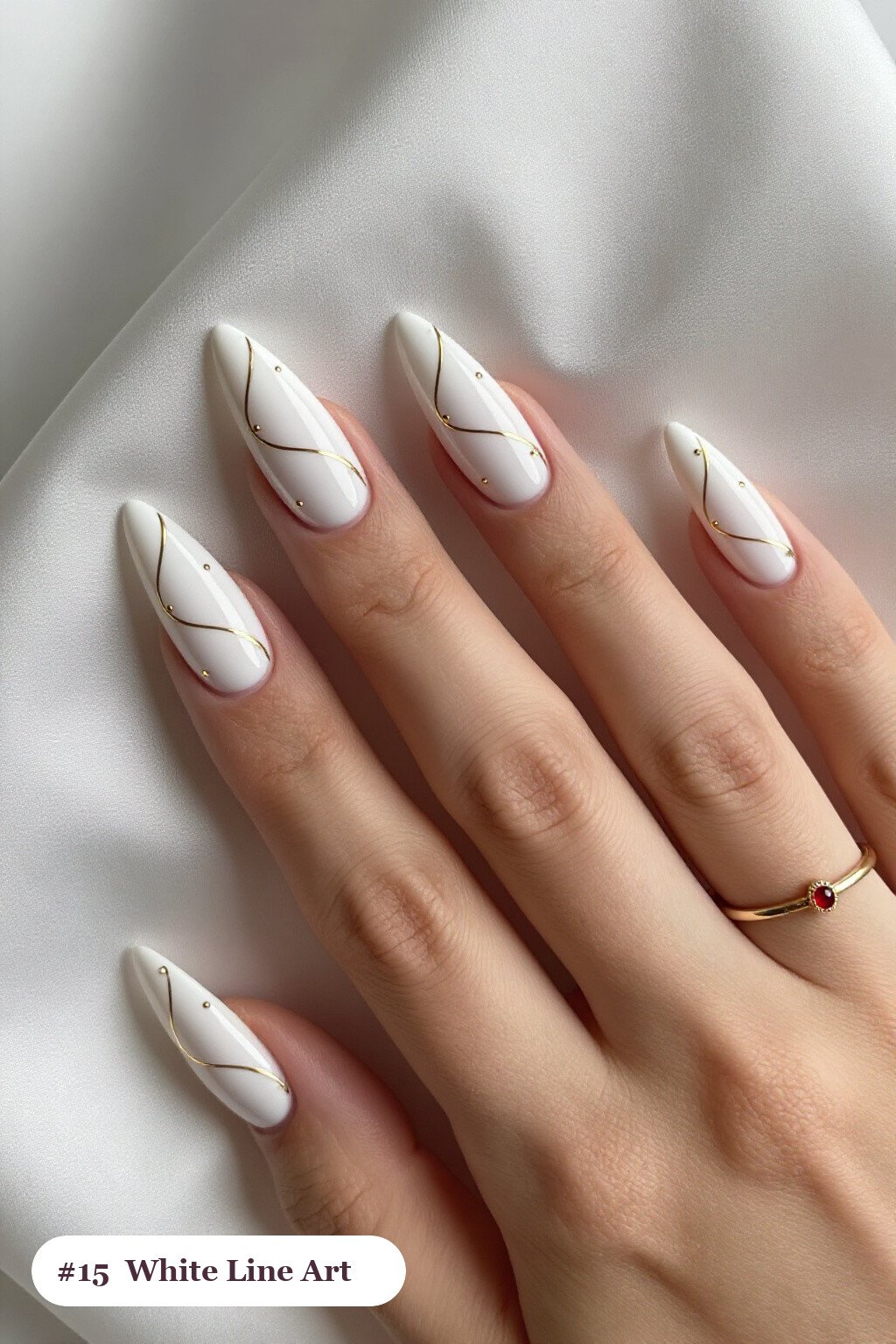 Fine Gold Line Art & Tiny Dots on Stiletto Nails - christmas nails white