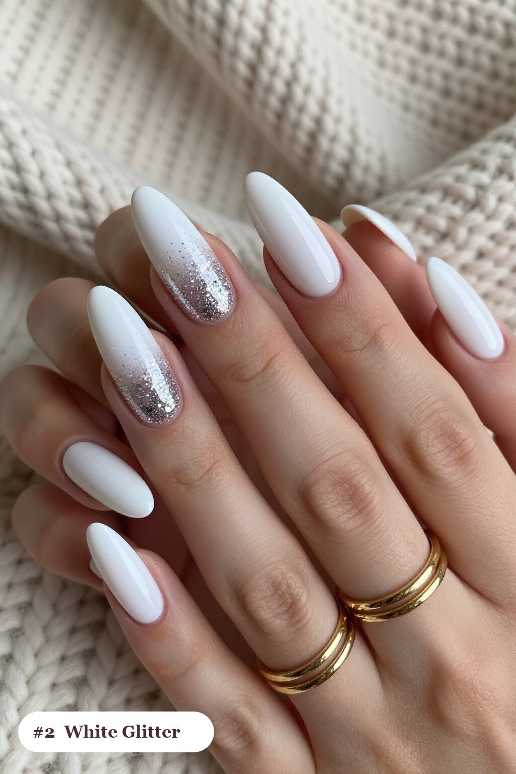 Glitter‑Gradient Coffin Tips with Silver Chrome Accents - christmas nails white