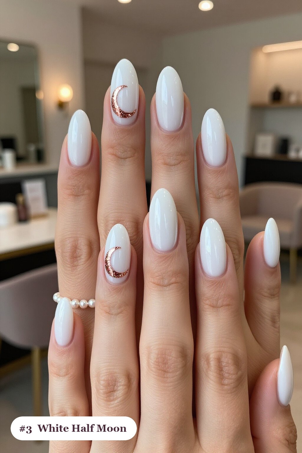 Half‑Moon Ballerina Nails with Rose Gold Glitter Crescent - christmas nails white