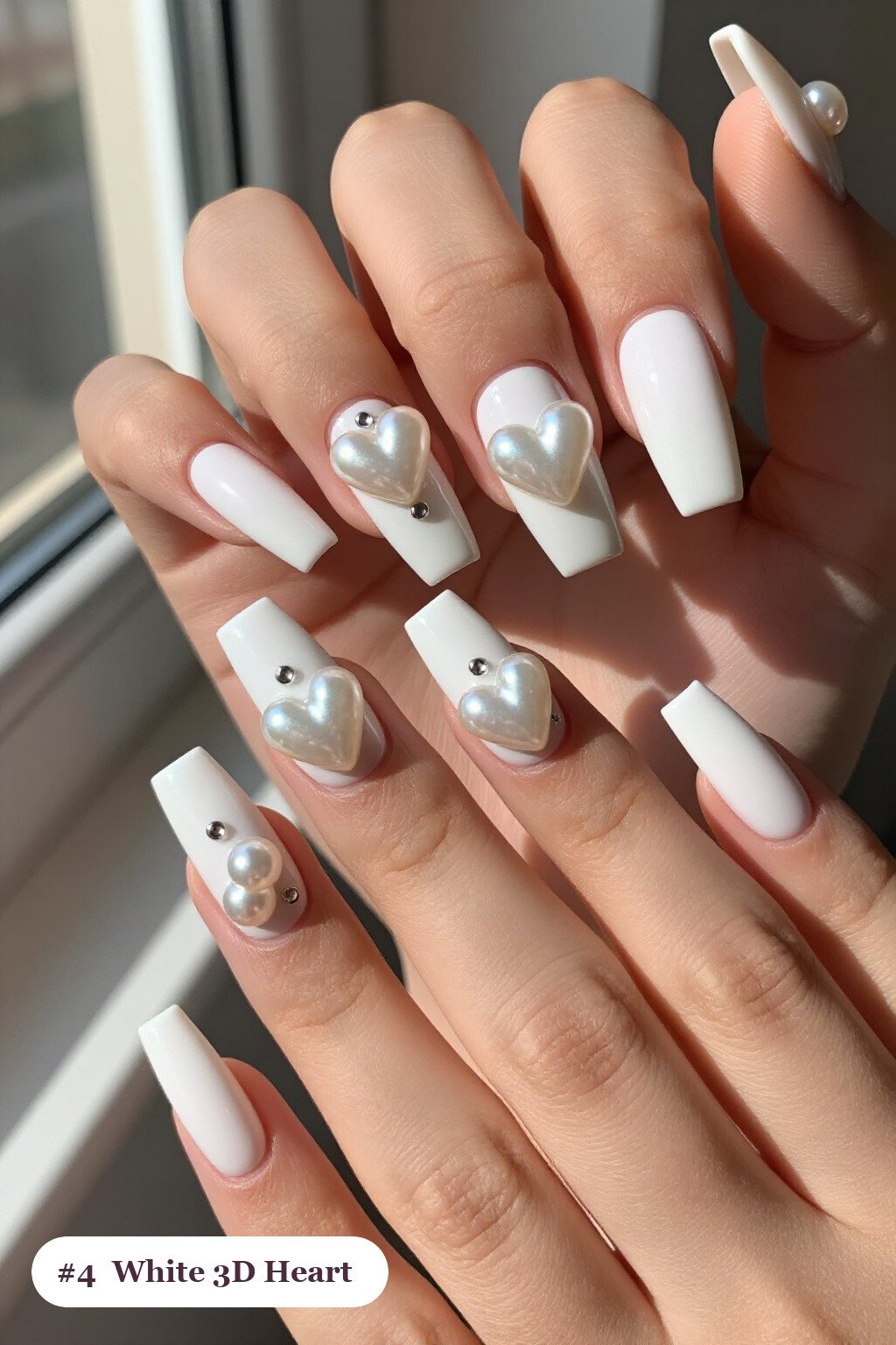 3D Gel Hearts & Pearls on Square Nails with Silver Details - christmas nails white