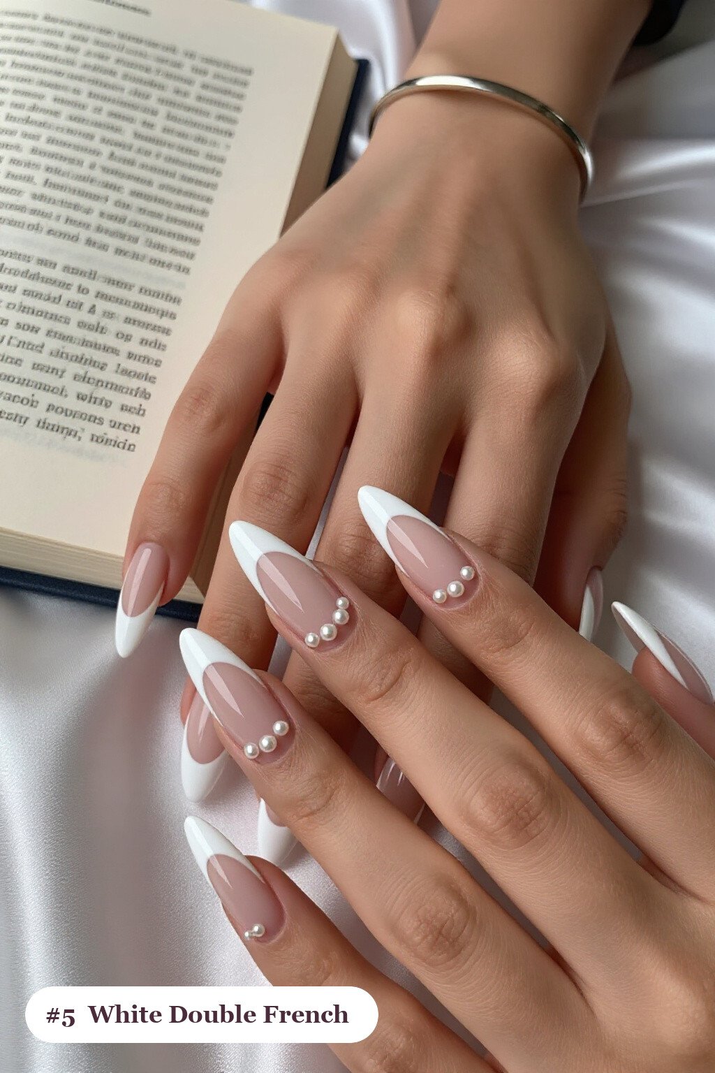 Double‑Line French Stiletto Tips with Pearl Details - christmas nails white