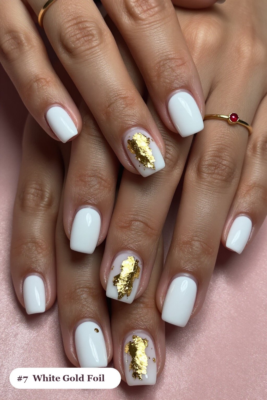 Short Square Gold Foil Flakes: On Short Nails - christmas nails white
