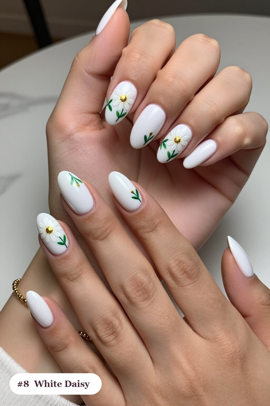 Daisy & Green Leaf Oval Nails with Gold Accents - christmas nails white