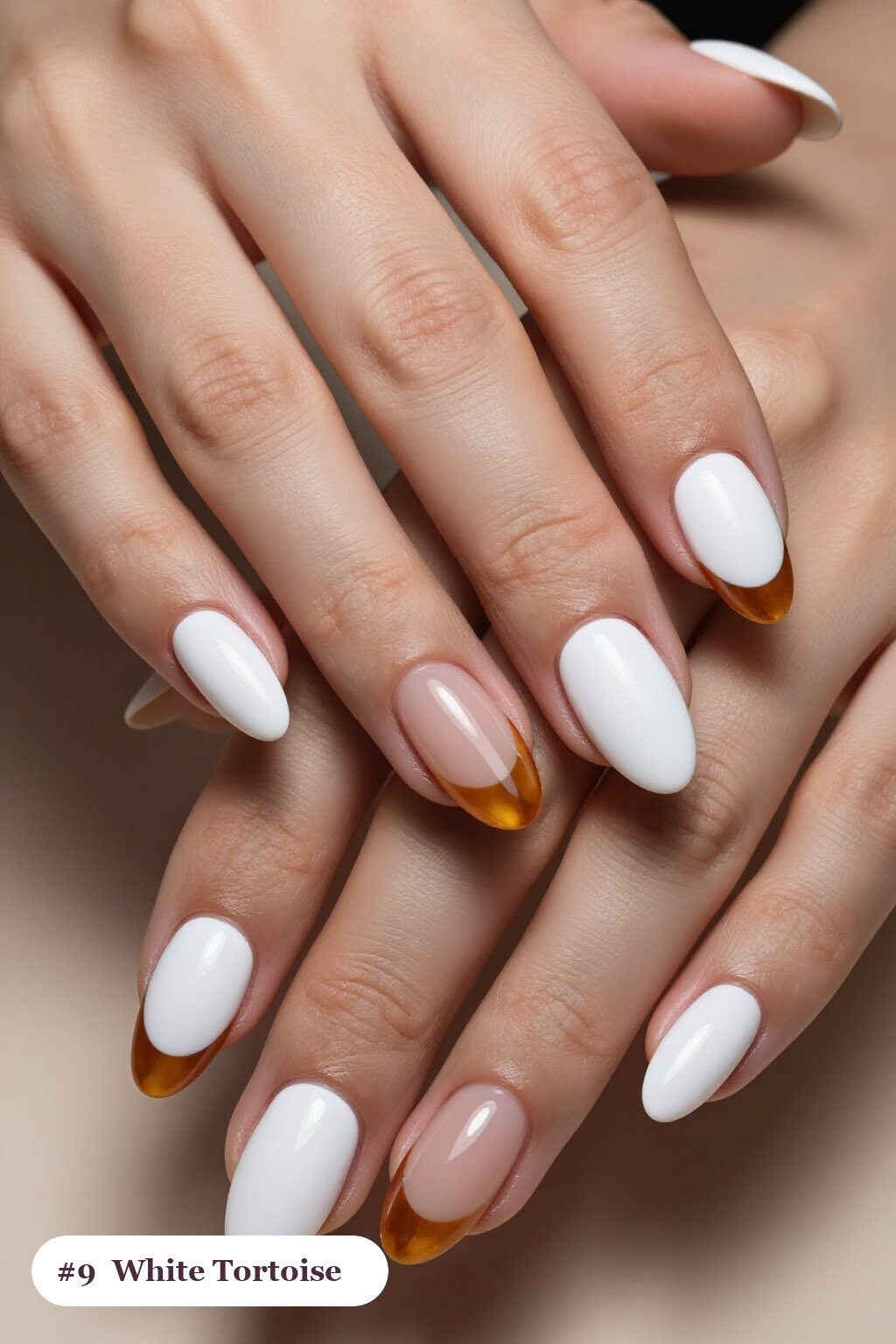 Amber Tortoiseshell Accent Almond Nails with Soft Nude Details - christmas nails white