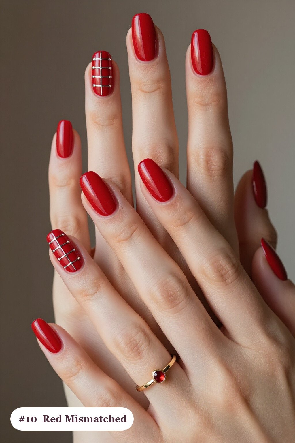 Medium Coffin Red Nails Mismatched Set, Same Colour Story, Silver Chrome Details - christmas red nails Medium Coffin Red Nails Mismatched Set, Same Colour Story, Silver Chrome Details - christmas red nails