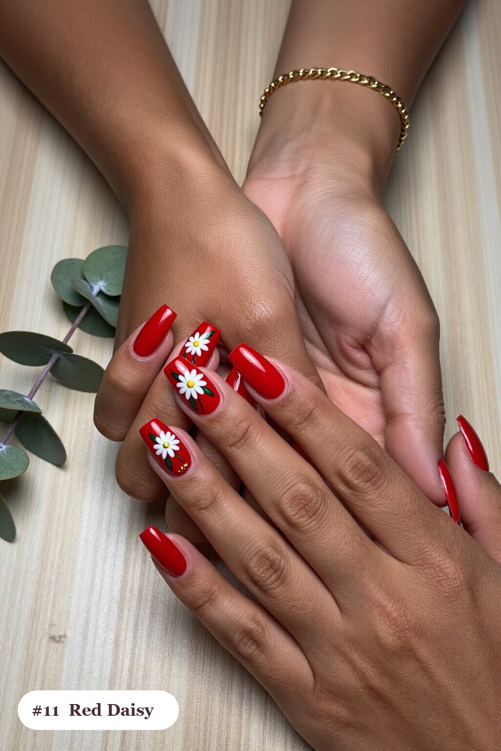 Medium Square Red Nails Hand‑Painted with Daisies, Green Leaves and Gold Accents - christmas red nails Medium Square Red Nails Hand‑Painted with Daisies, Green Leaves and Gold Accents - christmas red nails