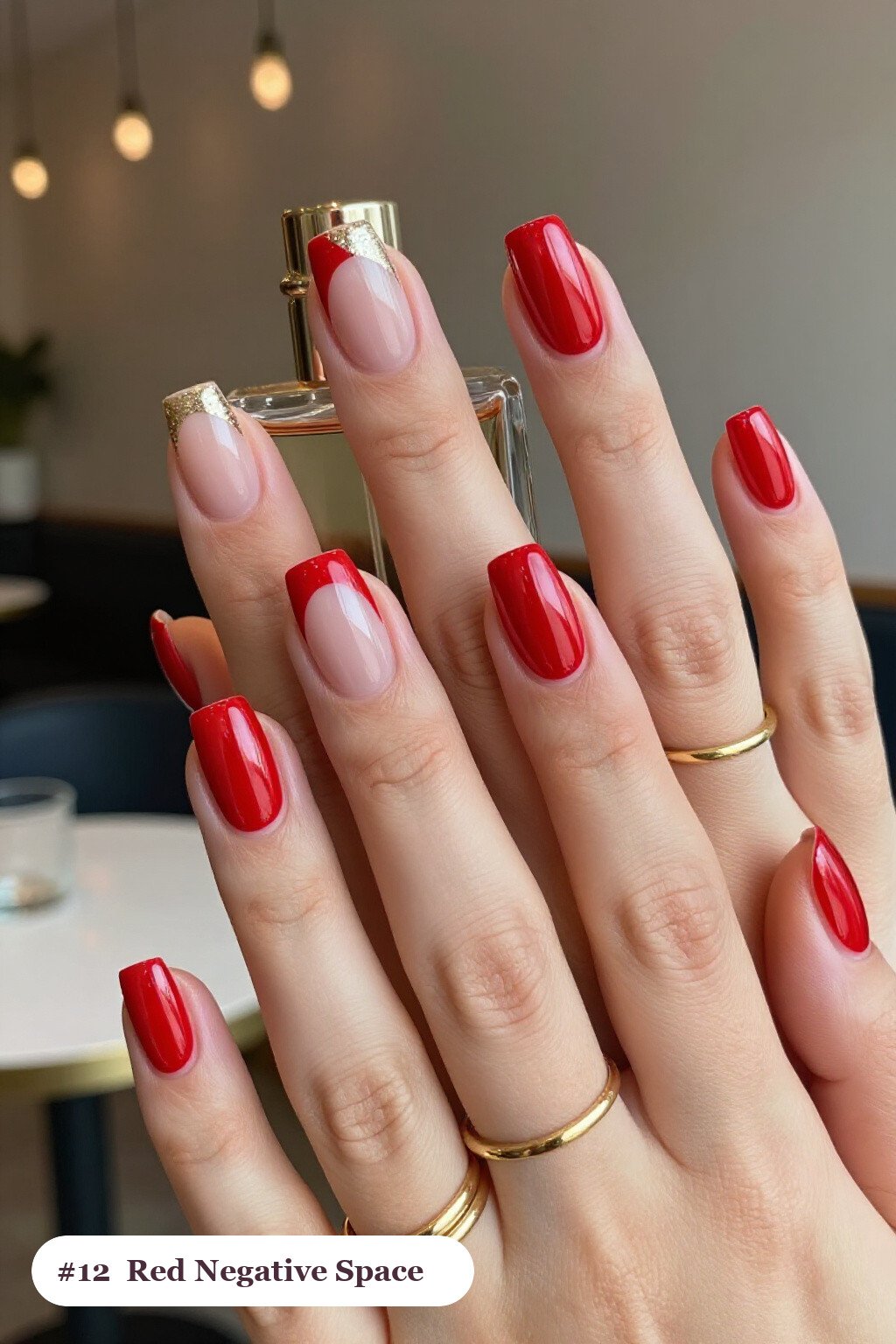 Short Square Red Nails Negative‑Space with Sheer Nude Windows and Bold Colour Shapes - christmas red nails Short Square Red Nails Negative‑Space with Sheer Nude Windows and Bold Colour Shapes - christmas red nails