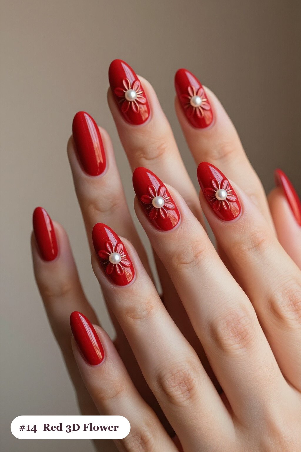 Long Coffin Red Nails with Raised 3D Flowers and Pearl Centres, Rose Gold Details - christmas red nails Long Coffin Red Nails with Raised 3D Flowers and Pearl Centres, Rose Gold Details - christmas red nails