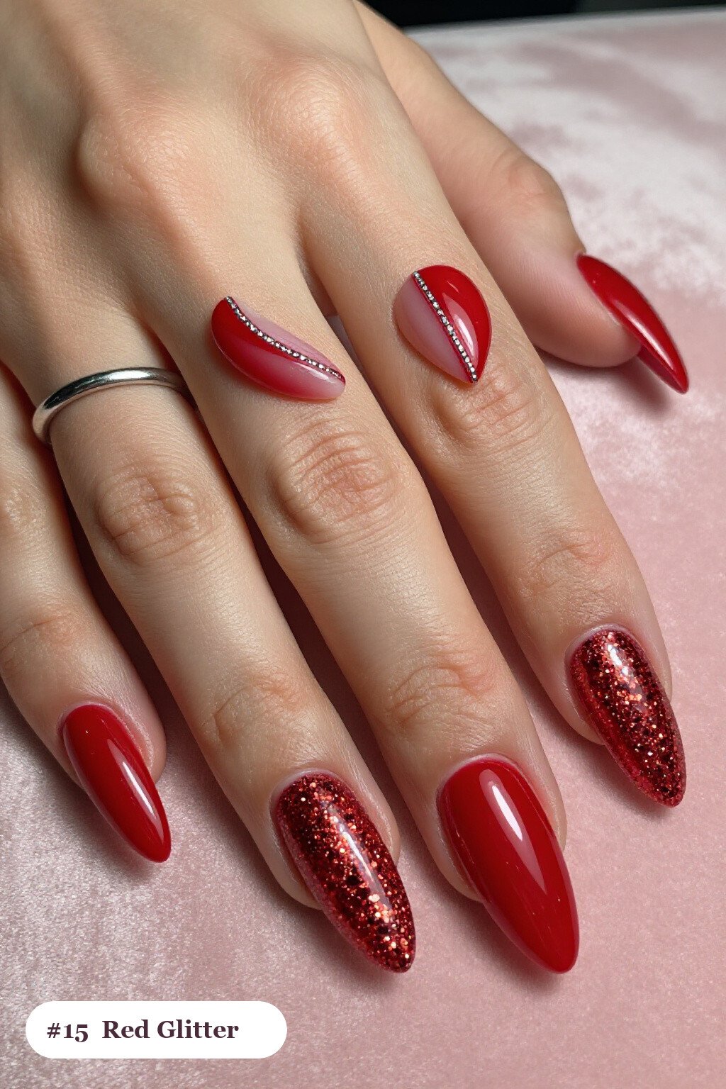 Long Almond Red Nails with Sparkling Glitter Gradient from Cuticle, Silver Details - christmas red nails Long Almond Red Nails with Sparkling Glitter Gradient from Cuticle, Silver Details - christmas red nails
